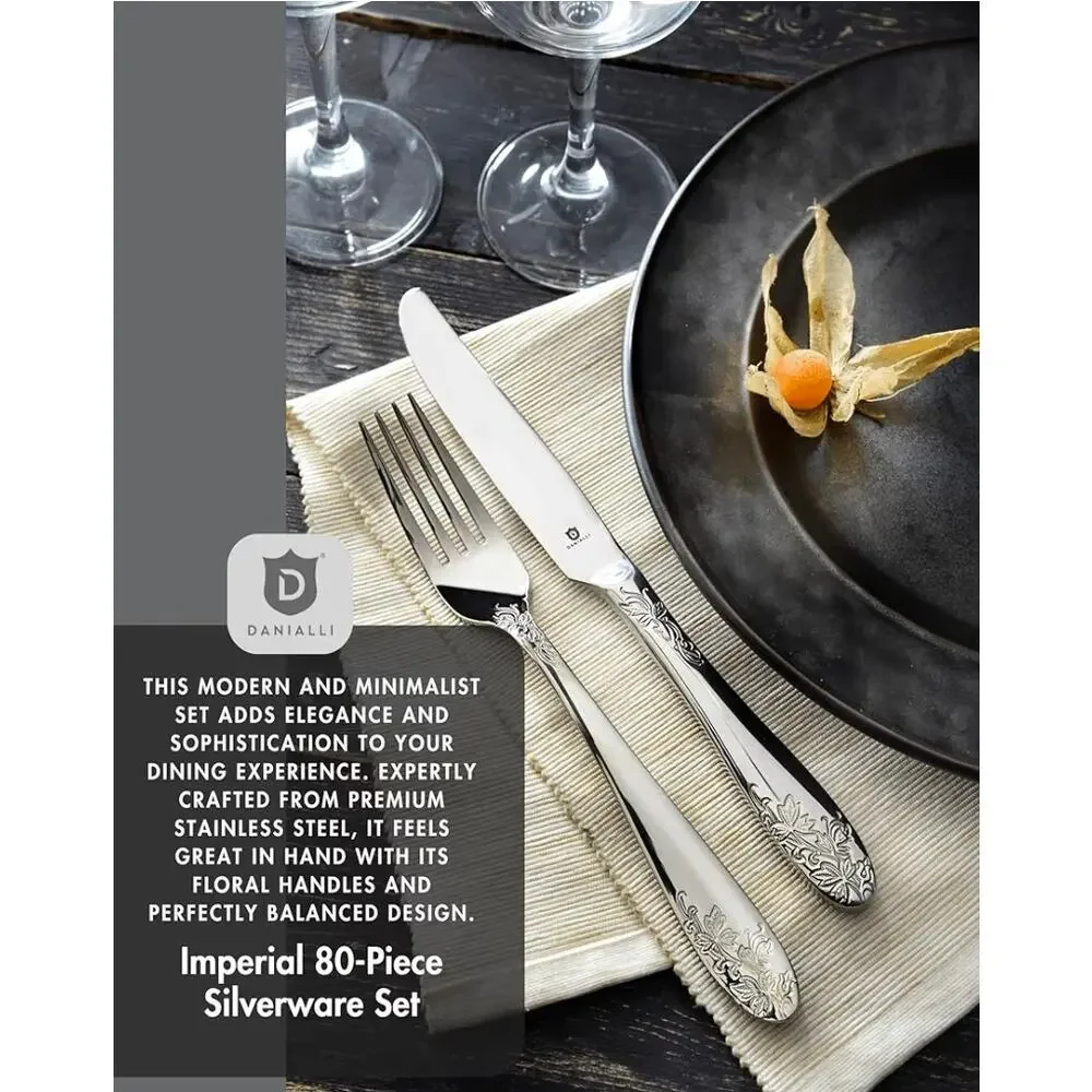 Danialli 80 Pc Modern Silverware Set, 18/10 Stainless Steel Flatware, Imperial